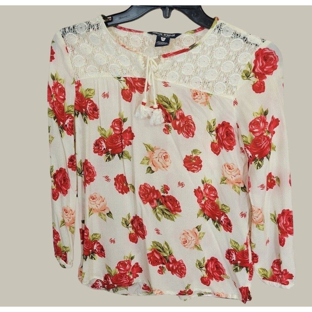 Teenie Weenie Blouse Cottagecore Boho Floral Lace Tassel Top Cream Red Small